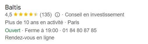 Bien que limitée à 135 avis en mars 2026, une belle moyenne de 4,5/5 pour les avis Google sur Baltis