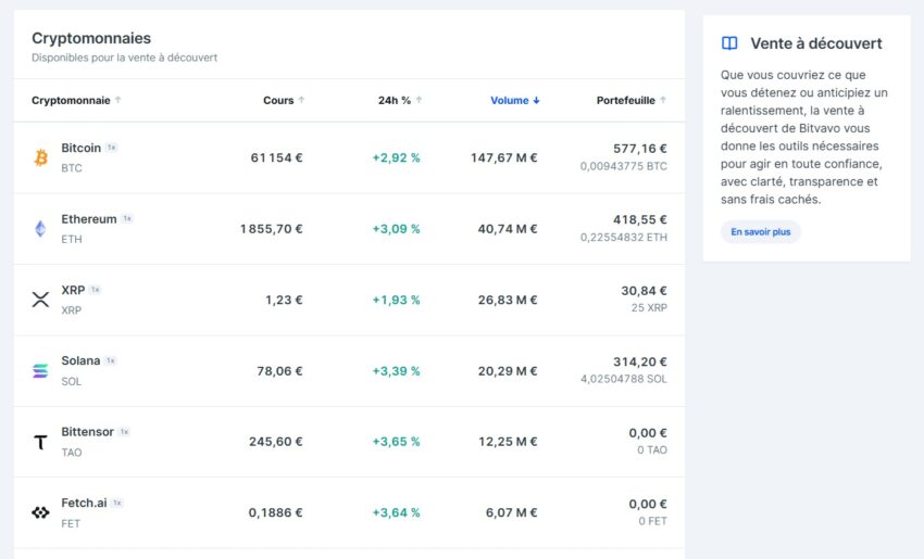 Extrait des 20 cryptomonnaies disponibles à la vente à découvert sur Bitvavo