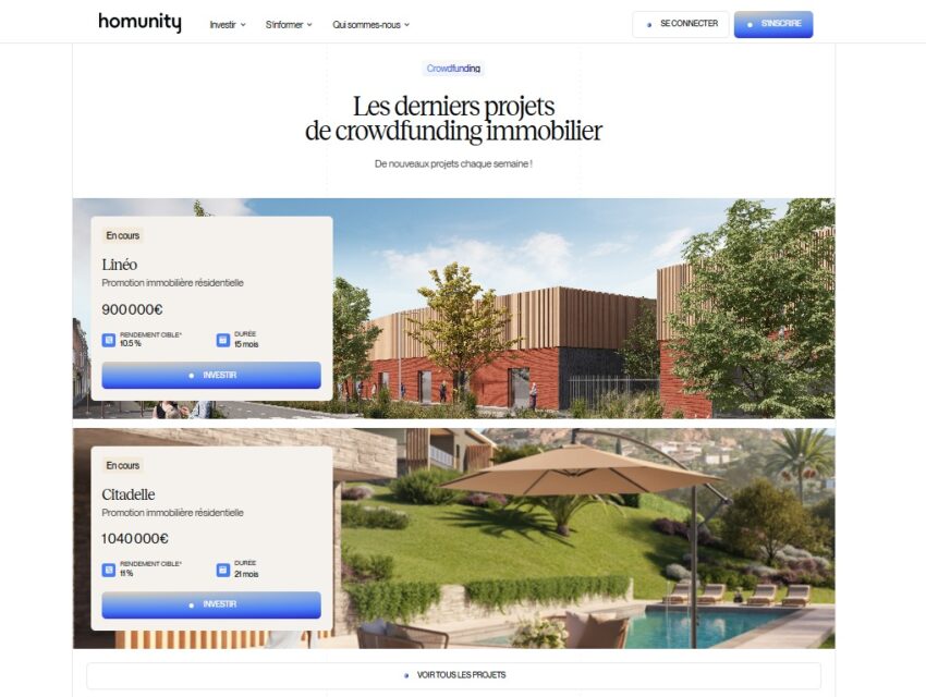 Exemple de projets de crowdfunding immobilier portés par une plateforme, 
en l'occurrence Homunity