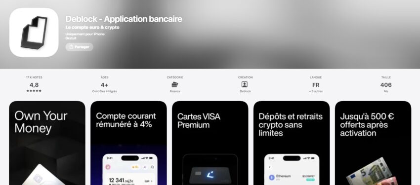 Capture d'écran montrant 4,8/5 sur 17 000 avis déposés à propos de Deblock (mars 2026)