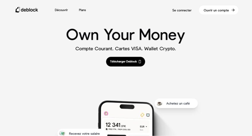 Page d'accueil de la néobanque crypto Deblock
