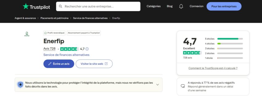 Visuel prouvant que la plateforme de crowdfunding Enerfip obtient une moyenne de 4,7/5 sur les avis déposés sur Trustpilot (mars 2026)