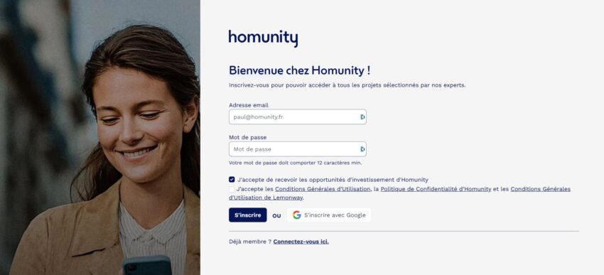 Page d'inscription à la plateforme de crowdfunding immobilier Homunity
