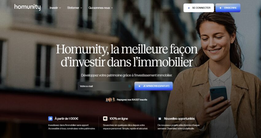 Page d'accueil de la plateforme de crowdfunding immobilier Homunity, une des meilleures selon moi