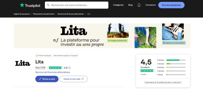 Visuel de la page Trustpilot montrant une moyenne de 4,5/5 pour les 1 148 avis déposés concernant LITA.co