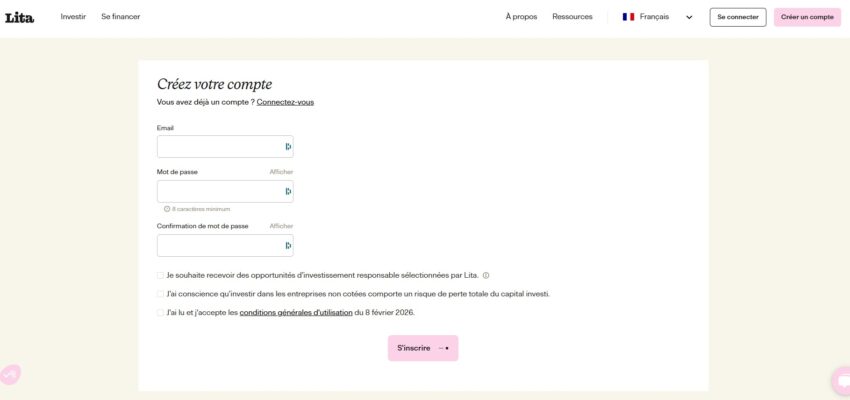 Début du parcours d'inscription au site de financement participatif LITA.co