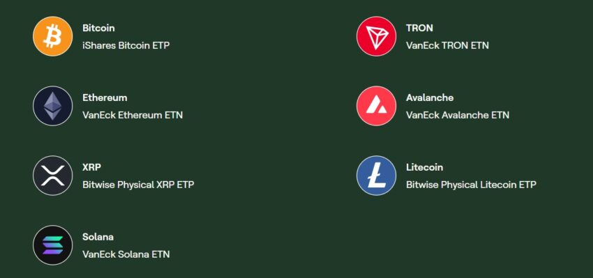 Image avec les 7 ETP crypto proposés par Mintos : Bitcoin, Ethereum, XRP, Solana, Tron, Avalanche et Litecoin