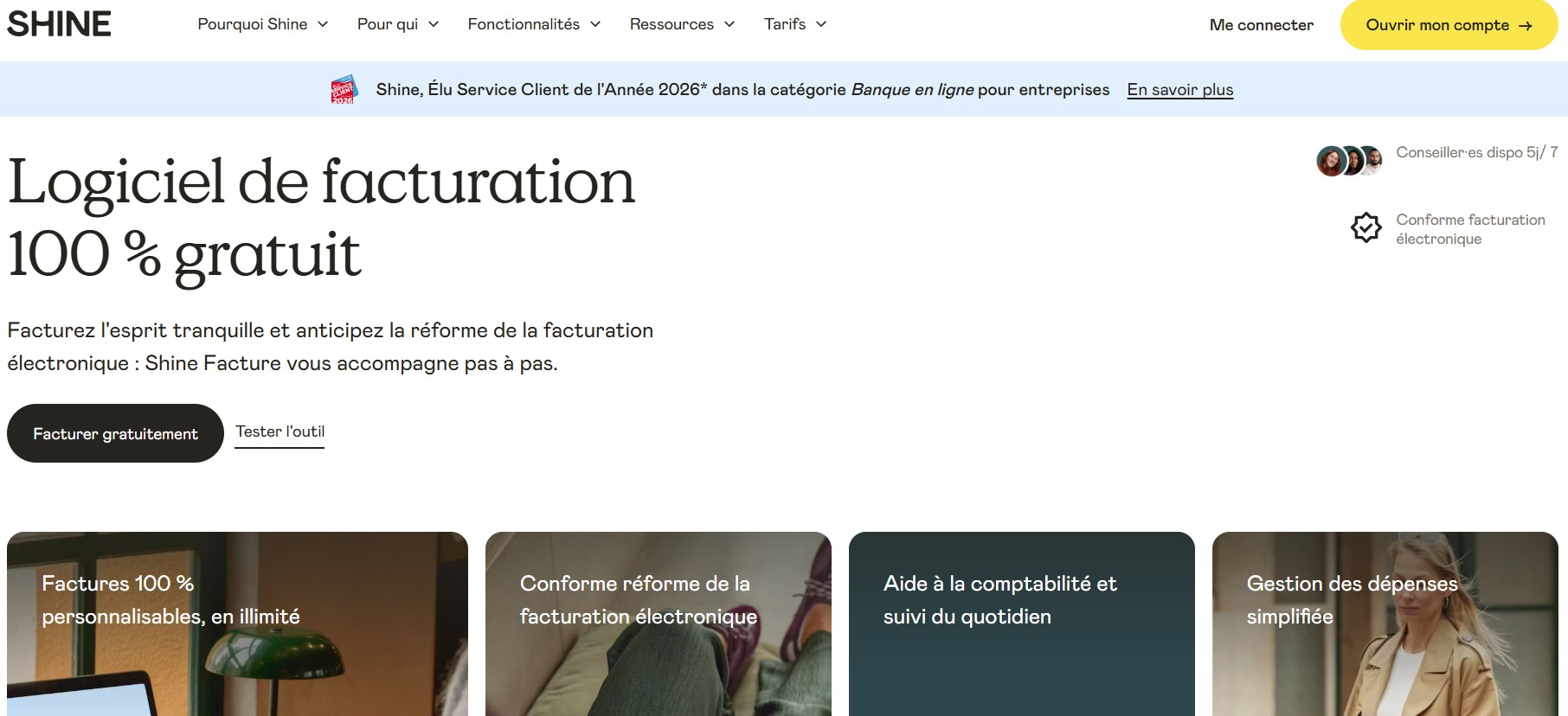 Page d'accueil du logiciel de facturation Shine Facture