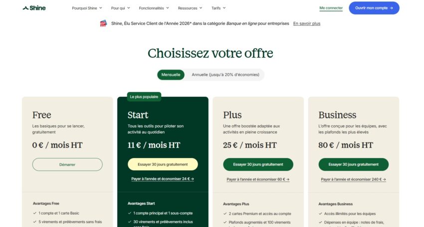 Visuel des 4 abonnements de la banque pro Shine, avec 1 formule gratuite
