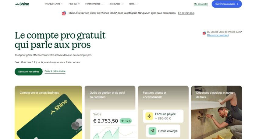 Page d'accueil de la banque pro digitale Shine