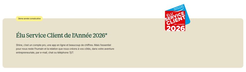Le compte pro Shine a été élu meilleur Service Client de l'année 2026 dans la catégorie banque en ligne pour les entreprises