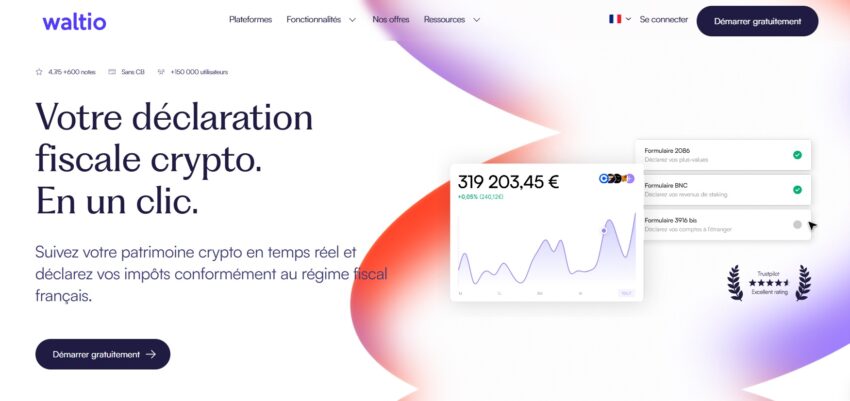 Page d'accueil de Waltio, une solution pour faciliter votre déclaration d'impôts crypto
