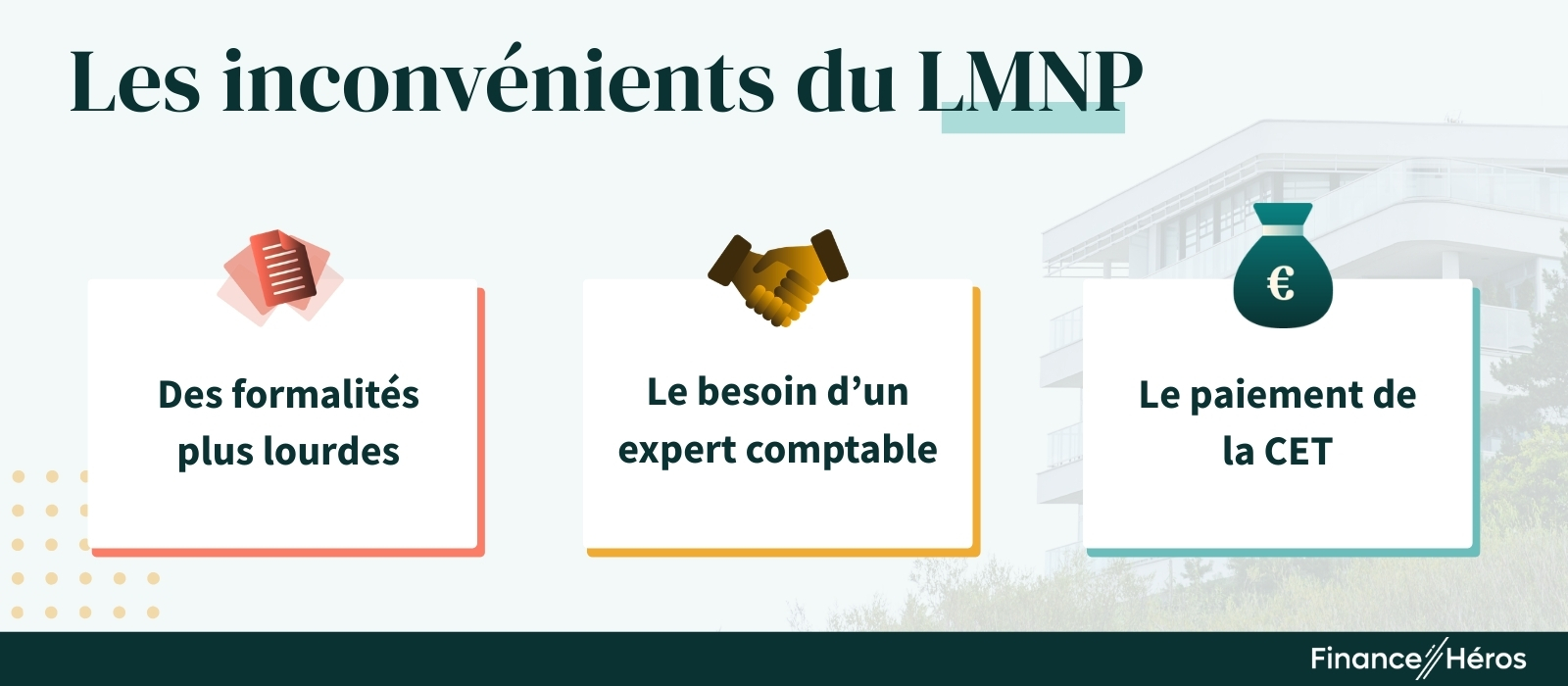 Infographie listant les 3 inconvénients du LMNP au réel : formalités administratives lourdes, recours nécessaire à un expert-comptable et paiement de la CET.