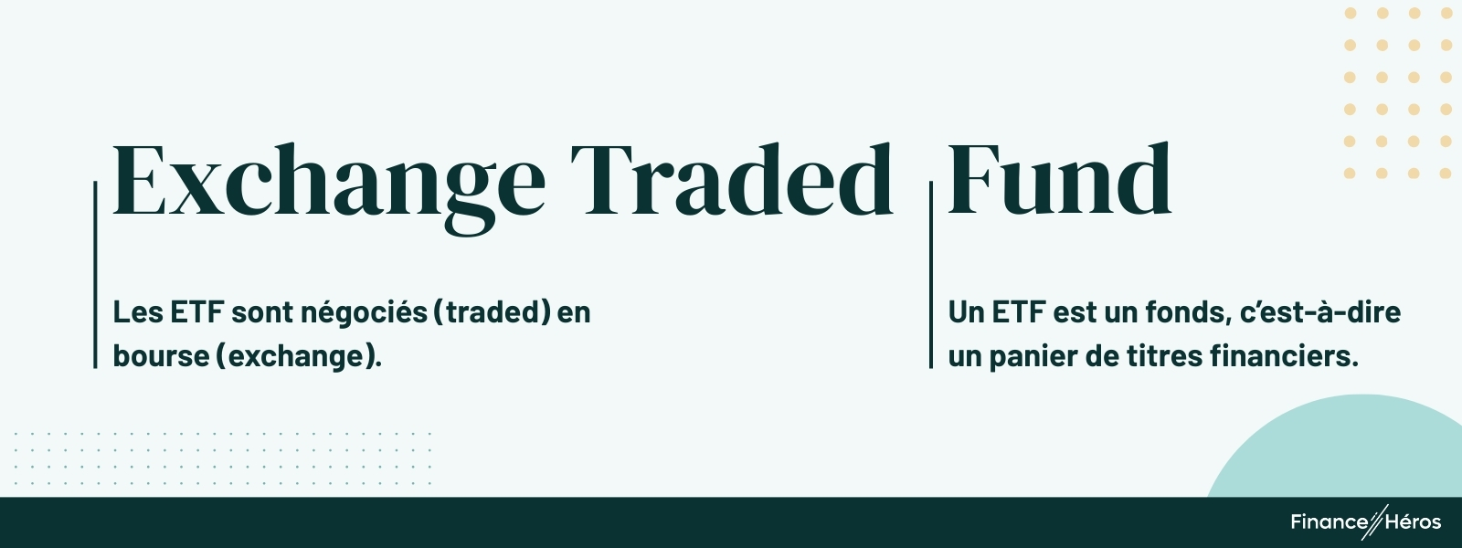 Infographie définissant un ETF (Exchange Traded Fund) comme un fonds négocié en bourse qui regroupe un panier de titres financiers.