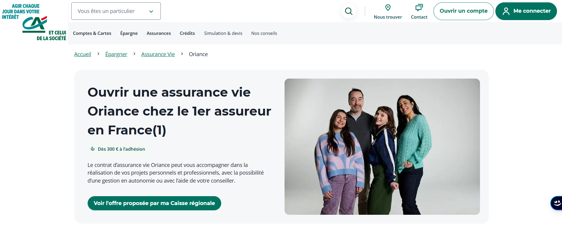 Capture d'écran de la page d'accueil de l'assurance vie Oriance.