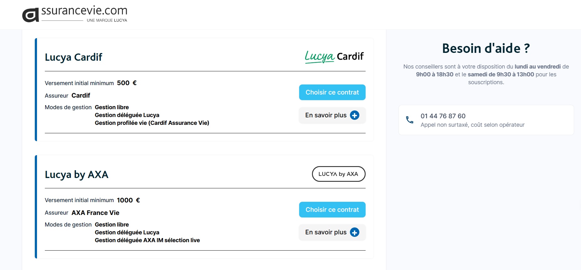 Choix du contrat sur le site de Lucya (capture d'écran)