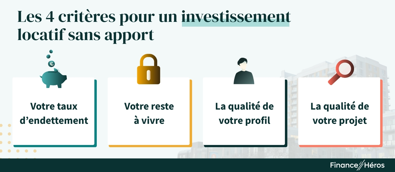Schéma listant les 4 critères bancaires pour un investissement locatif sans apport : 1. Le taux d'endettement, 2. Le reste à vivre, 3. La qualité du profil, 4. La qualité du projet.