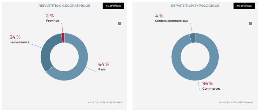 Répartition du patrimoine de la SCPI AEW Paris Commerces au 31/12/2025 (répartition géographique et par type d'actif)
