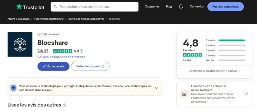 Illustration montrant la moyenne de Blocshare de 4,8/5 pour les avis déposés sur Trustpilot