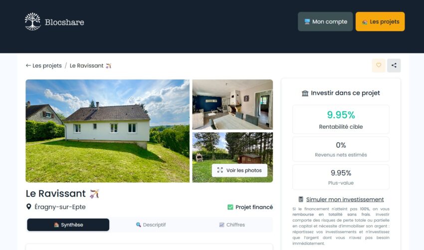 Exemple d'opération financée par Blocshare, avec photos du biens et indicateurs de rentabilité