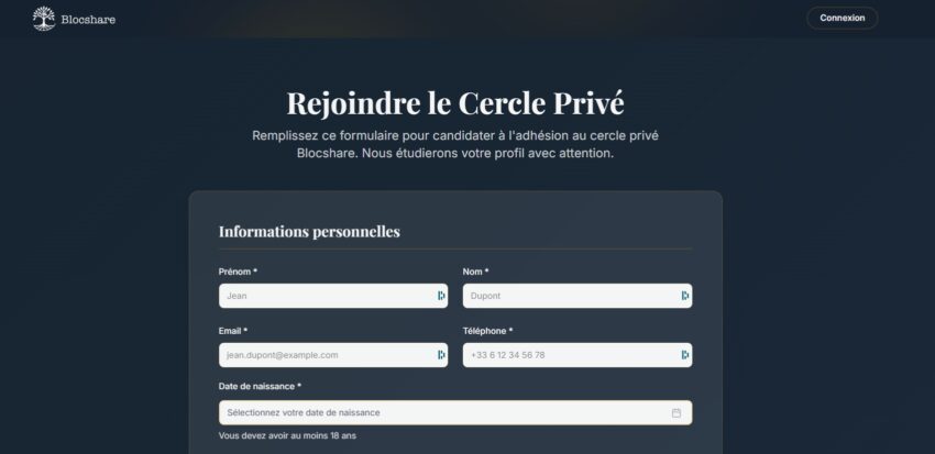 Page d'inscription à Blocshare