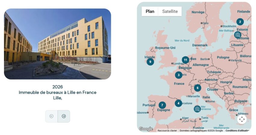 Répartition géographique des biens immobiliers de la SCPI CORUM Eurion au 31/12/2025 et exemple d'un actif