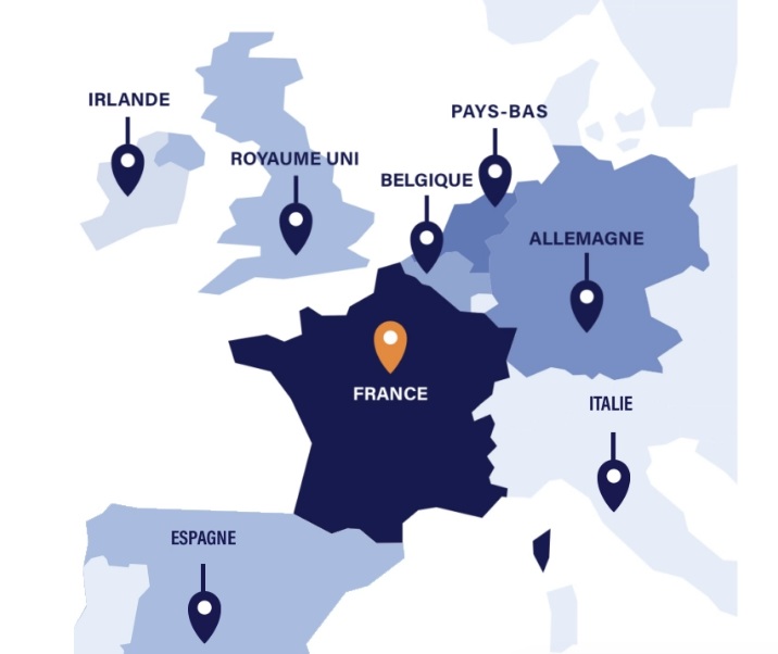 Carte d'Europe illustrant qu'environ un quart du patrimoine immobilier de la SCPI Efimmo 1 se situe en dehors de France