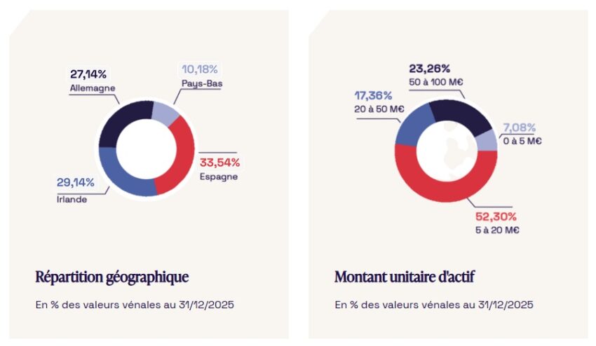 Répartition du patrimoine de la SCPI Epargne Pierre Europe au 31/12/2025, qui illustre qu'une part importante du patrimoine du fonds immobilier provient d'actifs valorisés plus de 20 millions d'euros