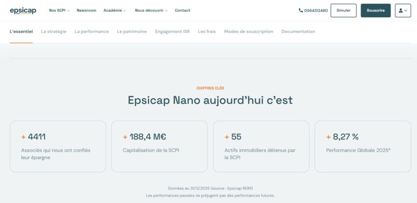 Page d'accueil de la SCPI Epsicap Nano, numéro 1 de mon classement des SCPI en 2026