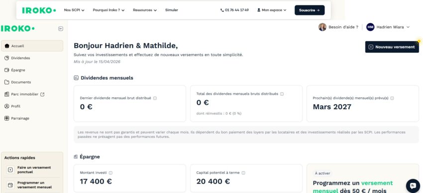 Mon espace investisseur Iroko, avec mes 100 parts de la SCPI Iroko Zen