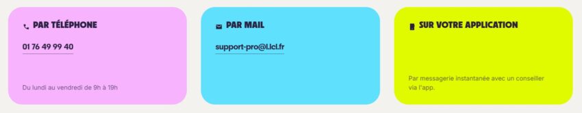 Les différents canaux pour contacter le support de L by LCL Pro : téléphone, mail ou via la messagerie de l'application mobile