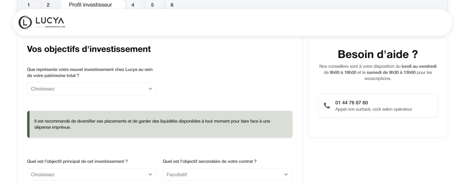 Capture d'écran du site Lucya pour avis sur Lucya CNP (formulaire de souscription).