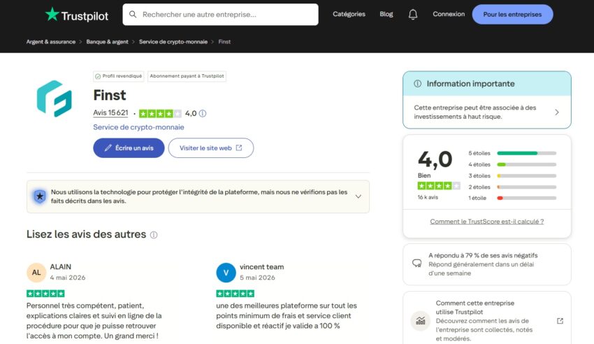 Capture d'écran avec les avis des utilisateurs sur Finst sur le site Trustpilot en mai 2026