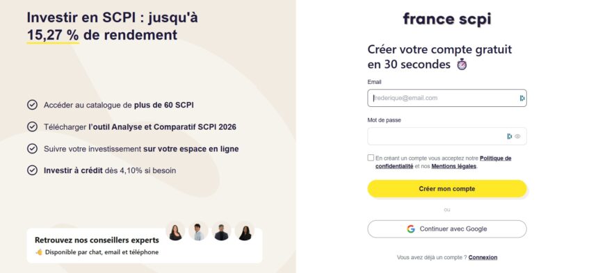 Capture d'écran de la page d'inscription à France SCPI