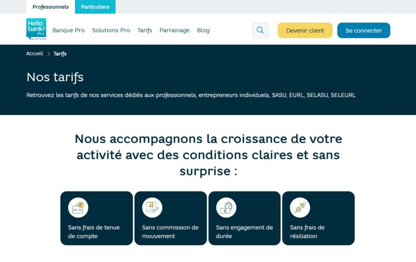 Visuels sur les tarifs d'Hello bank! Pro