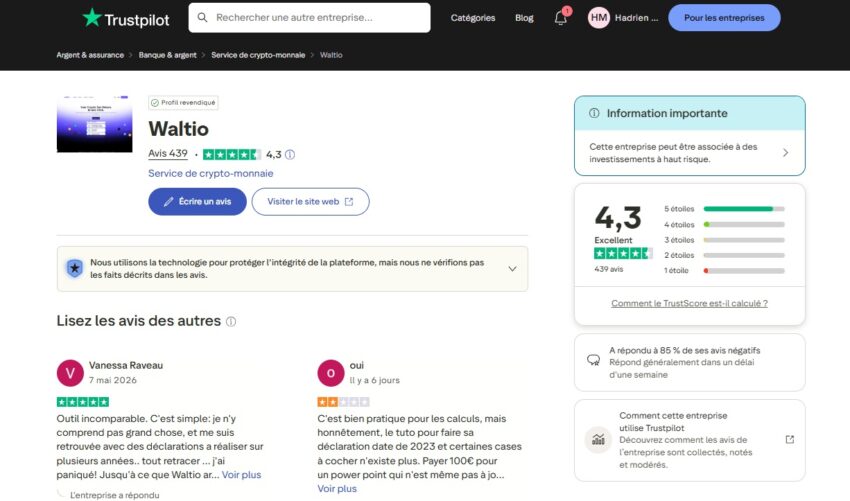 Waltio dispose de bons avis sur le site Trustpilot