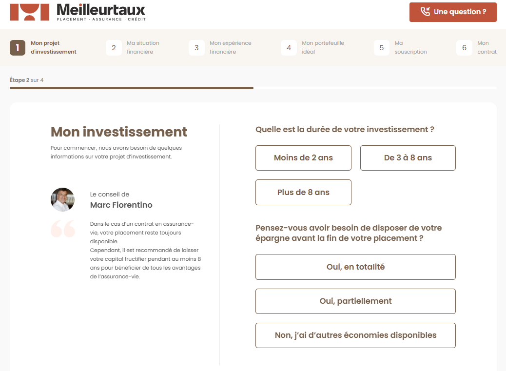 Capture d'écran du formulaire de souscription sur le site Meilleurtaux pour avis sur Placement Vie 2.