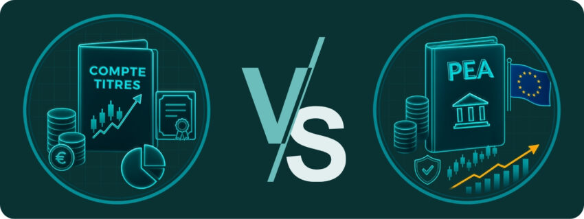 Bannière comparative entre le Compte Titres et le PEA. L'un des deux est nécessaire pour acheter des actions. 