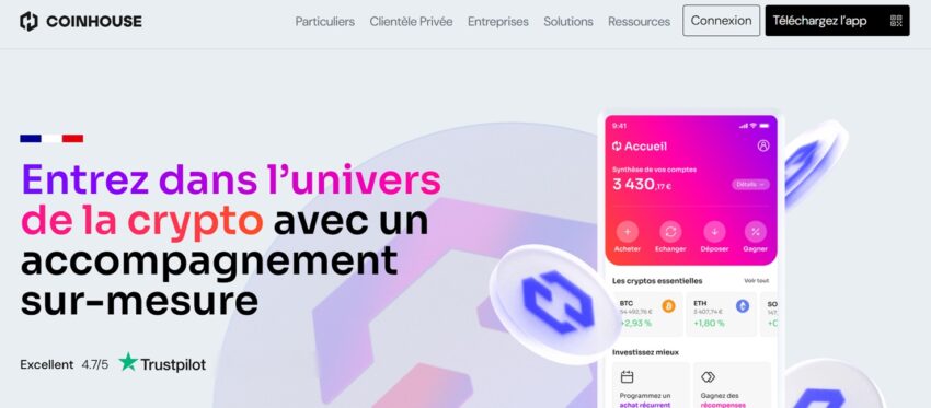 Page d'accueil de Coinhouse, une plateforme crypto française avec l'agrément de PSCA conforme à MiCA