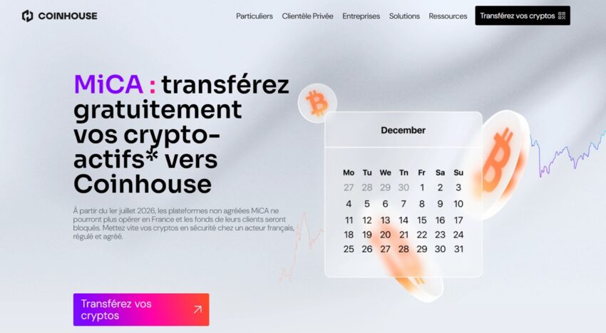 Image de la page internet de Coinhouse sur le transfert de cryptomonnaies