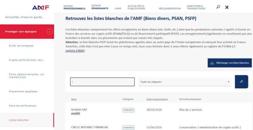 Capture d'écran de la page internet de l'AMF avec la liste blanche des plateformes crypto PSAN ou PSCA