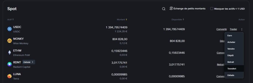 Capture d'écran Binance montrant comment transférer ses cryptomonnaies vers une autre plateforme crypto MiCA