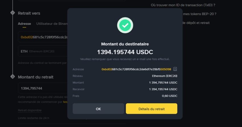 Capture d'écran Binance pendant le processus de transfert de cryptomonnaies - 3/3