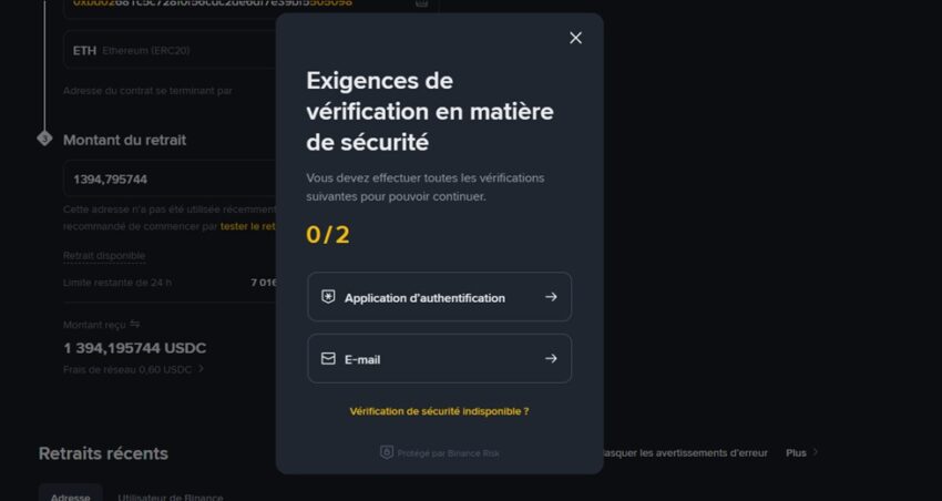 Capture d'écran Binance pendant le processus de transfert de cryptomonnaies - 2/3