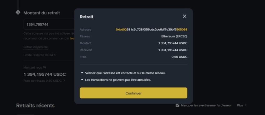 Capture d'écran Binance pendant le processus de transfert de cryptomonnaies - 1/3