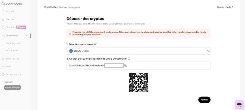 Visuel de l'étape B, avec l'écran donnant l'adresse du portefeuille Coinhouse pour récupérer les USDC envoyés depuis Binance