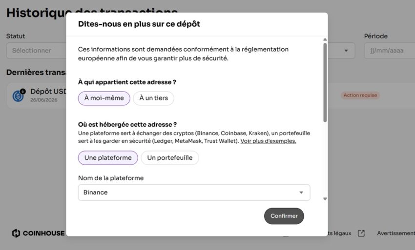 Ecran Coinhouse pour débloquer le dépôt venant de Binance - informations complémentaires