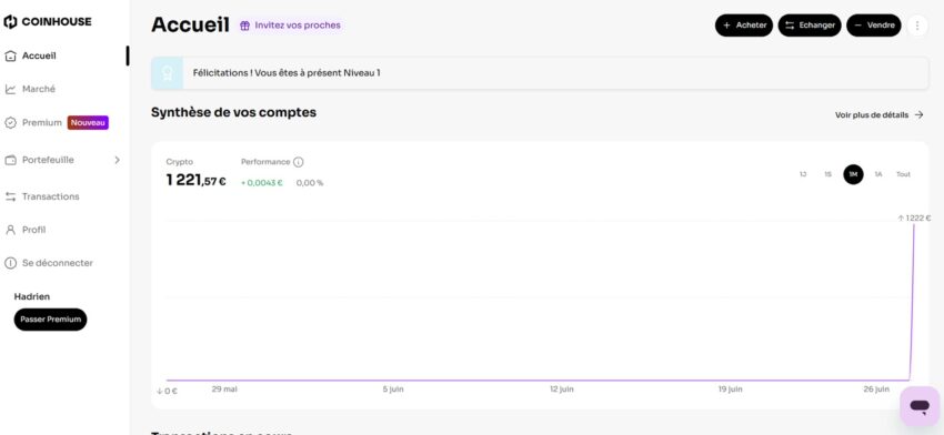 Mon tableau de bord de Coinhouse avec les USDC reçus depuis la plateforme crypto Binance