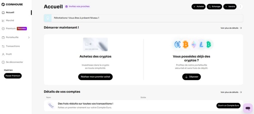 Espace utilisateur de la plateforme agréée MiCA Coinhouse