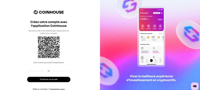 Page d'inscription à Coinhouse, une plateforme crypto agréée MiCA, apte à recevoir les cryptos envoyées depuis Binance